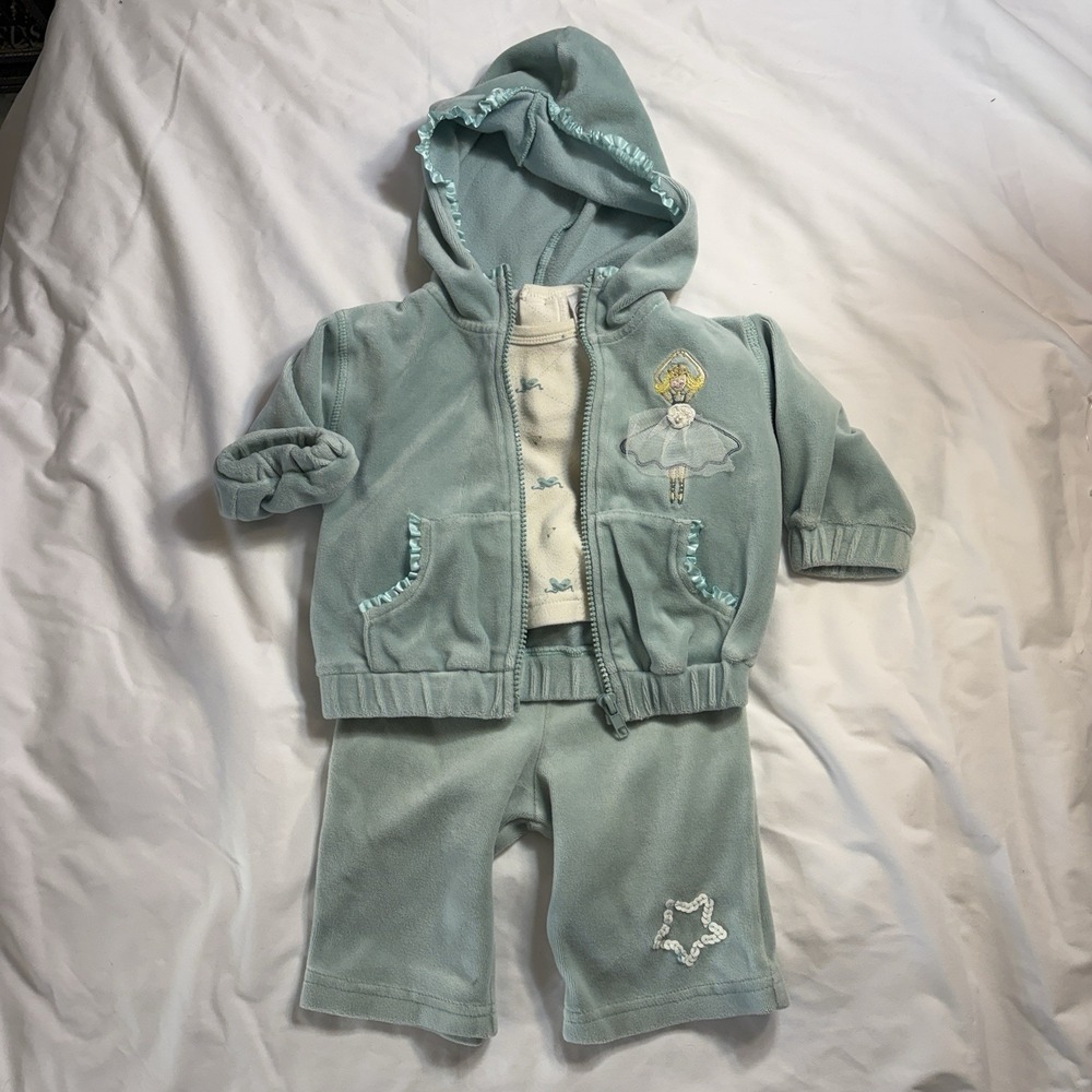 Starting‎ Out Baby Girl 6M 3pc Velour Ballerina Tracksuit Green Jacket Top Pants